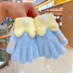 3-6 Years Winter Fuzzy Plush Gloves 3D Plush Animal Ears Color‑Block Windproof Warm Full Finger Gloves For Toddler Boys Girls