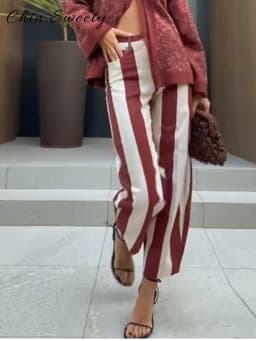 Fashion Women's Striped Pants Button Zipper Double Pockets Straight Straight Leg Trousers 2026 Spring Summer Casual Lady Pant