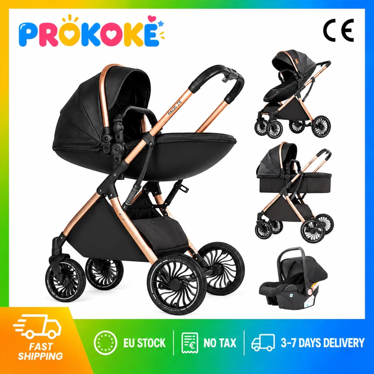 3 in 1 Baby Stroller Luxury Eggshell Design with Adjustable Handle and Storage Basket High Landscape Stroller Infant Car Seat Stroller for Newborn to Toddler with Foldable Reversible Frame for City Travel Shopping and Daily Walks