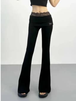 Sweet Cool Style Lace Patchwork Micro Flared Pants Women's 2026 Summer New Style Rolled Edge High Waist Slim Long Pants 0XPD