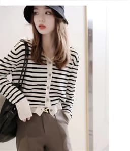 Spring and Autumn PerFemale Knit Cardigan Wool V-neck Jumper Top Single Breasted Simple Slim Women White Black Patchwork Sweater