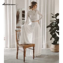 Boho Simple High Neck Sexy Backless Button Lace Short Top Jumpsuit Wedding Dresses Chiffon Customized Full Cap Sleeve Vestidos