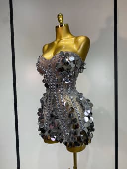 Sparkly Silver Rhinestone Sequins Strapless Mesh See Through Mini Dress Birthday EveningParty Nightclub Singer Stage Costume