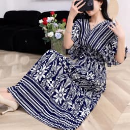 n Long Print Dr V-Ne Slimming Cotton Silk Beachwear Casual High Waist Summer Women's Loose Fit Overhead Dr