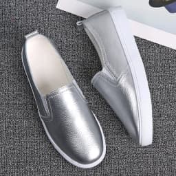 Spring Summer Silver Flats Hollow Out Women's White Loafer Split Leather Boat Shoes Comfy Ladies Best Flats For Standing All Day