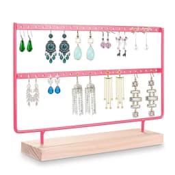 2-Tier 46-Hole Earring Display Holder Metal Wood Stand Jewelry Storage Organizer Ear Stud Rack Gift for Women
