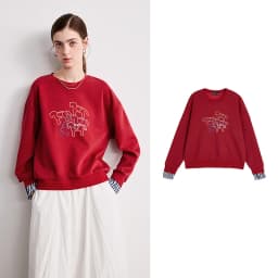 TOYOUTH Women's Pullover 2026 Spring New Crew Neck Plaid Patchwork Double-layered Pony Embroidery Loose Top