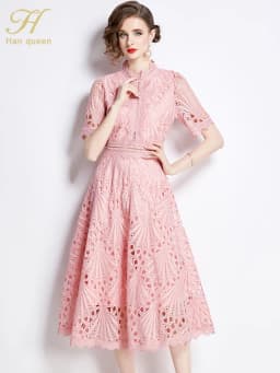 H Han Queen Spring New Elegant Casual Work Party Dresses Floral Crochet Hollow Out Lace Patchwork Casual Office Midi Dress