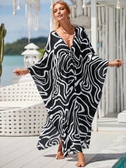 Plus Size Kaftan Dresses for Women Wave Neck Swimsuit Cover Up Caftan Dress Plus Size Oversized Long Beach Dress