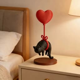 SFloating Cat w/ Heart Balloon - Romantic Desk Decor for Couples, Home, Bookshelf, Bedside. Cute & Cozy!