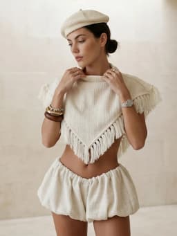 Women Solid Shorts Set Sleeveless Fringe Trim Triangle Wrap Crop Top Elastic Waist Bubble Mini Shorts Lady Vacation Beach Outfit