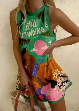 2025 Summer Casual print loose mini Dresses For Woman Fashion Beach Marine elements Dress o-neck Sleeveless party Dress