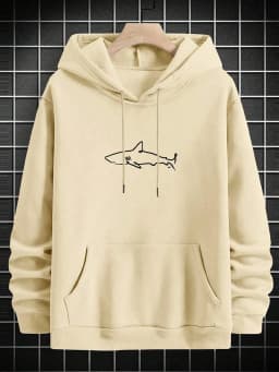 Simple Shark Printing Hoodie For Men Kangaroo Pocket Drawstring Pullovers Thermal Fleece Warm Sweatshirts Autumn Casual Clothes