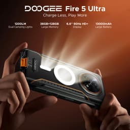 DOOGEE Fire 5 Ultra Dual Camping Lights 6.6" Rugged Phone 13000mAh Battery 36GB RAM (6+30) 128GB ROM Google Pay NFC Helio G81 Smart Phone
