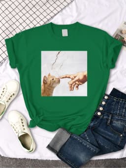 T Shirt Funny Cute Cat And Manpower Printed Womens T-Shirt Kawaii Fashion Woman Clothes Oversized Harajuku Tshirt For Women's