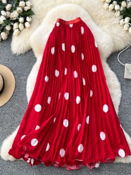Elegant Retro Polka Dot Pleated High Waist A-Line Skirt Women's Commute Long Dress Slimming Pleat Drapey Feel Half Skirt