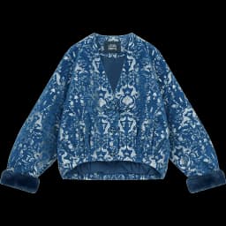 ELFSACK Women's Retro Gothic Winter Coat, Loose V-Neck Short Plush Coat with Blue Silver Embroidery Vintage Patterns