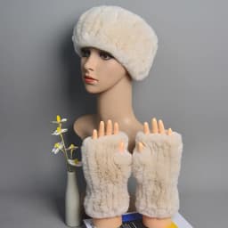 One Set Women Real Rex Rabbit Fur Cuff+Headband Winter Warmer Hat Arm Wrist Sleeve Gloves Female Real Fur Cap+Elastic Wristband