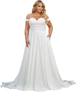 Elegant Off Shoulder Satin Wedding Dresses for Bride with Pockets Corset A Line Bridal Gown with Train