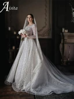 Vintage Customized Sparkly Beads Tulle Long Formal Wedding Dresses A Line Square Neck Dubai Long Sleeves 2025 Detachable Sleeves