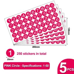 5pcs/Bag Number 1-50 Color Circular Adhesive Sticker -1 Inch Waterproof Code Number Label Clothing Size Label