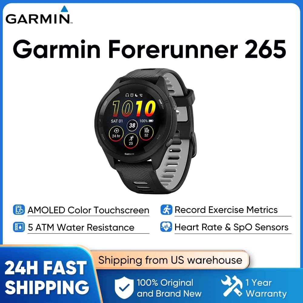 Garmin Forerunner 265 GPS 46mm Smartwatch 1.3" AMOLED Touchscreen Display Heart Rate Monitoring Training Metric Message Notice