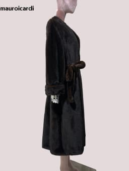 Mauroicardi Spring Winter Elegant Luxury Long Thick Warm Fluffy Soft Brown Faux Mink Fur Coat Women with Deep V Neck Sashes 2025