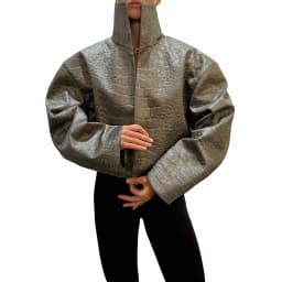 Beige Croc Leather Cropped Jacket Y2k Stand Collar Long Sleeve Wide Cuff Oversize Coat 2026 Autumn Street Daily Casual Outerwear