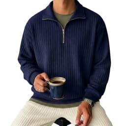 Men's Half Zip Striped Sweatshirt Casual Lapel Ribbed Polo Collar Pullover Tops Long Sleeve Knit Hooded for Man Lapel Coats