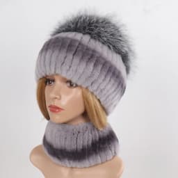 Women's Winter Warm Genuine Fur Hat Scarf Set Real Rex Rabbit Fur Cap with Silver Fox Scarves 2-Piece Natural Fashion Accessory