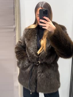 With Belt Fur Coat Fluffy Large Heart Shaped Waist Cinching Deep V Mid Length Overcoat Warm Plush Women Trend Outwear Winter Top
