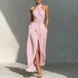 Chic Solid Front Split Boho Long Dress Woman Spring Sexy Off Shoulder Halter Party Dress Summer Sleeveless High Waist Maxi Dress