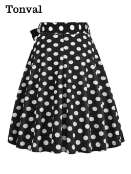Tonval High Waist Polka Dot Belted A-Line Flare Skirt for Women 2025 Spring Summer 50s Clothes Pinup Vintage Swing Skirts