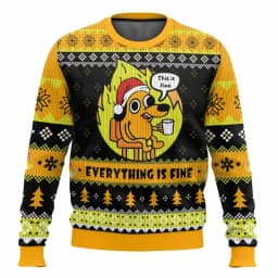 This Is Fine Meme Christmas Ugly Sweater Yellow Black Flame Wind Blue White Ice And Snow Christmas Hat Christmas Gift Funny