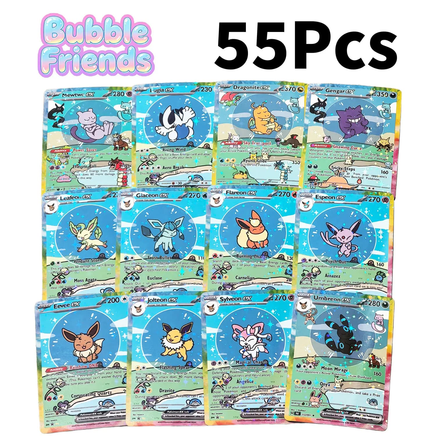 55Pcs Cute DIY Card Proxy Poke My bubble friends Holographic Anime Version Pocket Monster Collection Cards Eevee Charizard