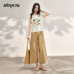 MISHOW Khaki High Waisted Wide Leg Cropped Pants For Women 2026 Summer Lace Trimmed Hem Retro Casual Loose Pants MXF24K1294