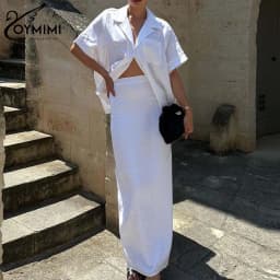 Oymimi Casual White Cotton Sets For Women 2 Pieces Elegant Lapel Shorts Sleeve Button Shirts And High Waist Straight Skirts Sets