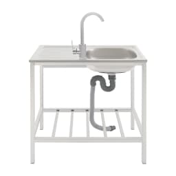 Free Standing Sink with Operation Countertop and Bottom Shelf, Massive Capacity Kitchen Single Bowl Sink 360° Rotatable Faucet