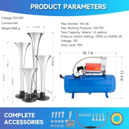 FARBIN 4 Trumpet Horns 150DB Train Horn Kit for Truck Air horns with 150 PSI 12V Blue Black Air Compressor Air Tank Can 0.8 Gal