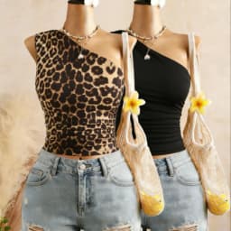 Women 2 Pack One Shoulder Ruched Crop Top Set Casual Sleeveless Leopard Print & Solid Crop Top Set
