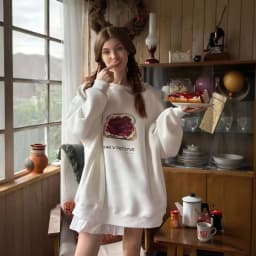 Red Toast Cartoon Print Loose Sweatshirt Women Pullover O Neck Long Sleeve Autumn 2025 Oversized Hoodies Streetwear Russian Tops