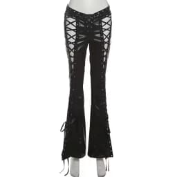 RORORIRI PU Leather Black Pants Punk Hollow Out Strappy Slim Vintage Low Waist Split Bootcut Trousers Festival Grunge Streetwear