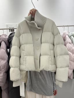 Women's Short Down Coat Knitting Spliced Stand Collar Puffer Jacket Winter Single Breasted Loose Casual Chic Thick Warm Overcoat