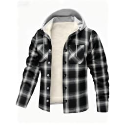 New men's fall and winter casual stylish warm hooded sport coat, classic check pattern with fleece fabric, pocketed sport coat