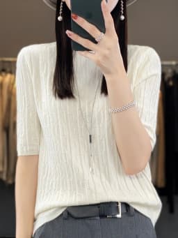 Women New Soft Diamond Letter Design Sweater Half-high Collar Three Quarter Sleeve Pullover Spring Summer Casual Knit Slim Top