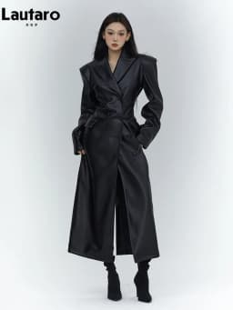 Lautaro Spring Autumn Long Black Fitted Soft Pu Leather Trench Coat for Women with Shoulder Pads Luxury Designer Clothing 2023
