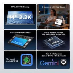 DOOGEE U14 2 in 1 Tablet PC 14 Inch 2.2K Incell Screen Gemini Ai 14000mAh Battery 56GB RAM(8+48) 256GB ROM 16MP Main Camera Widevine L1 Supports Tablet PC
