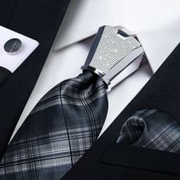 DiBanGu Business Plaid Black Solid Luxury Elegant Silk Ties for Men Designer Tie Buckle Handkerchief Cufflinks Wedding Accessory