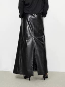 Lautaro Spring Autumn Shiny Black Soft Pu Leather Floor Length Skirt Women with Front Slit High Waist Extra Long Clothes 2025