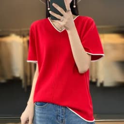 100% Cotton T-Shirt Women's V-Neck Pullover Short Sleeve Summer New Casual Knitting Loose Top Fashion Color Contrast T-Shirt